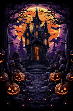 AI数字艺术万圣节万圣夜恶魔城堡背景插画