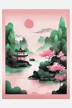 粉绿风景水墨画AI数字艺术-众图网