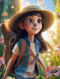 Very cute girl with a straw hat, long hair, big eyes, carrying a travel backpack, frontal view, running action, pastel color palette, surrounded by colorful flower, nature background, Sun light, high Details, dreamworks, 3D Rendering. --ar 3:4 --v 5