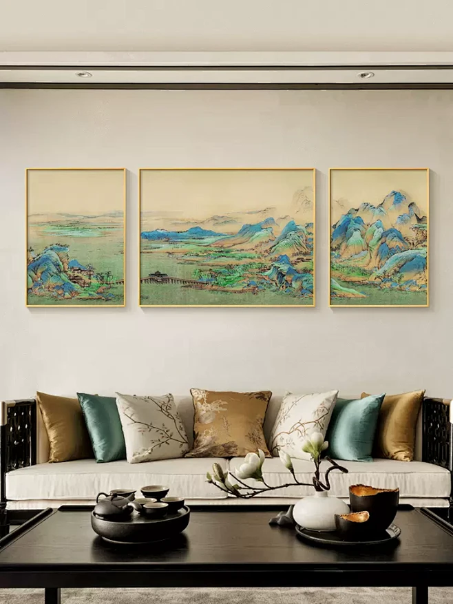 千里江山图挂画新中式客厅装饰画三联画高档...