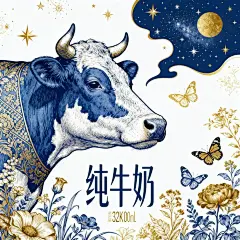 插画，以Dior花纹系列为参考，有复古西方星空，背景白色搭配，里有个侧身母牛牛面。花园和蝴蝶插画的元素,钢笔画插画风格,复古风格,特写,画面精致高清，篮色搭配金色，“纯牛奶”创意海报，32K超高清