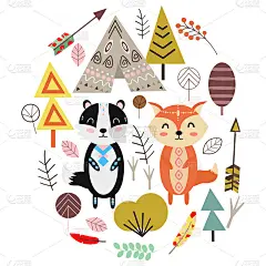 狐狸和獾在斯堪的那维亚风格-矢量插图，eps