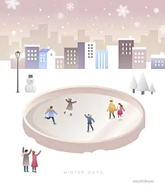 冬季雪景雪花公园滑雪堆雪人钓鱼插画