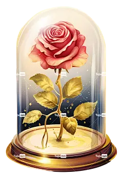 玻璃钟罩中的玫瑰花瓶中的红玫瑰钟罩花瓶金色花瓶与玫瑰透明玻璃钟罩-金色钟罩花瓶与红玫瑰