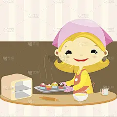 可爱的女孩在厨房做杯子蛋糕