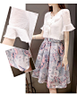 浪漫夏季短袖印花优质舒适面料女雪纺衫+欧根纱裙优雅精致两件套-淘宝网