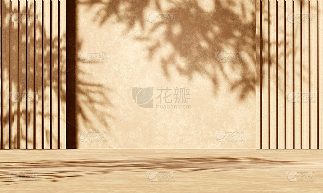 3D米色混凝土平台显示与灯光和植物阴影