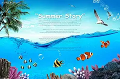 清凉海世界夏季海报PSD分层素材PSD分层素材|风景图片|海草|海鸥|海洋世界|清凉海世界|热带鱼|珊瑚|夏季海报PSD分层模板|夏天广告设计|椰树