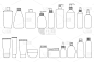一套化妆品瓶子。装洗发水、乳霜、爽肤水、香油的瓶子。白色背景上的线性图像。