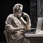 A classic marble statue of a philosopher with a thoughtful expression, representing credibility. He is typing on a computer.