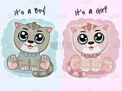 猫,绘画插图,男孩,女孩,矢量,可爱的,卡通,贺卡,背景分离,女婴
