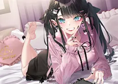 动漫女孩赤脚腿脚在床上黑发双马尾水色眼睛咧嘴笑