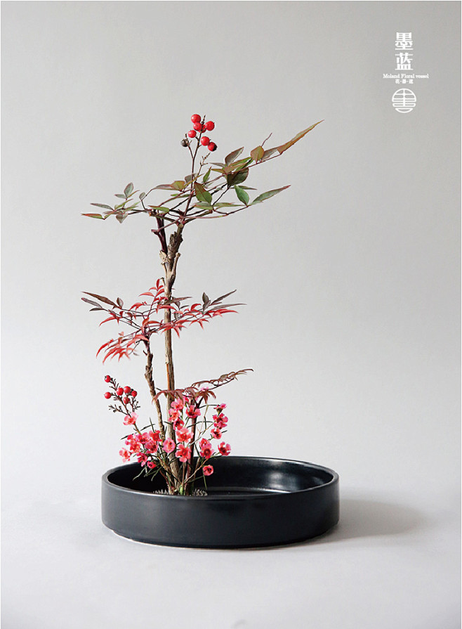 墨蓝花器陶瓷花盆黑色白色 日式插花课初学...