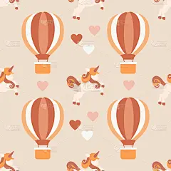 无缝图案可爱的独角兽和空中的热气球