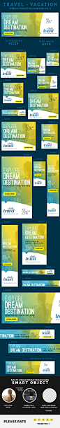 Travel - Vacation Web Ad Marketing Banners Vol 5 : A set of Travel – Vacation Web Ad Marketing Banners Vol 5 is comes with 20 standard dimensions which also meet Google adwords banners sizes. It included all the layered psd file where you can easily chang