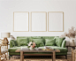 Home interior with poster frame mockup, green comfortable sofa on white wall with wooden furniture Home interior with poster frame mockup, green comfortable sofa on white wall with wooden furniture, 3d render photo frame on table stock pictures, royalty-f
