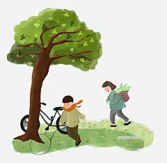 大树下男孩在玩铁圈图片大小3601x3508px 图片尺寸4.85 MB 来自PNG搜索网 pngss.com 免费免扣png素材下载！春天#卡通手绘#卡通宣传插画#绿色的大树#绿衣服女人#童年的游戏#植树节#自行车#