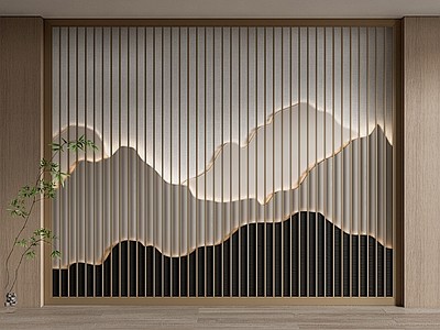 新中式山水格栅背景墙 景墙 云纹 隔断