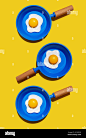 Illustration of fried eggs on blue pans against yellow background Stock Photo - Alamy : Download this stock image: Illustration of fried eggs on blue pans against yellow background - 2C44RGR from Alamy's library of millions of high resolution stock photos