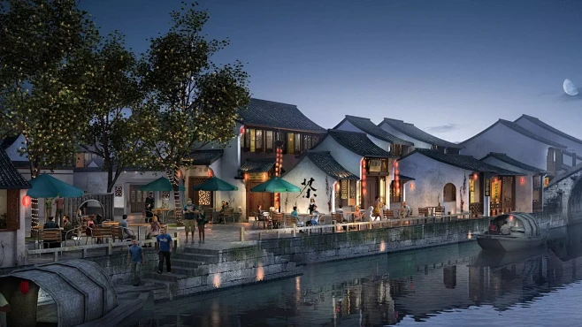 中式滨河商业街建筑景观效果图欣赏_【知末...