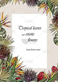 Card template with colorful exotic flowers and tro
