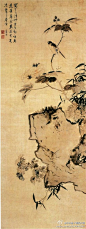 【國畫637】明 藍瑛《拒霜秋鳥圖》—— 絹本水墨，163.9 × 62.3 釐米，現上海博物館。