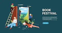 Book festival landing page with happy teenagers reading literature