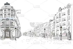 系列的街道在旧城的景色。手绘矢量建筑背景与历史建筑.