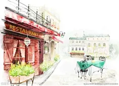 手绘水彩欧式街景风光插画