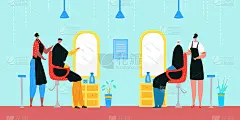 美发师在沙龙、时尚理发店工作，用顾客矢量插画。为顾客理发的发型