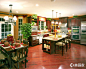 厨房棕色厨房美式吊顶自然开放式厨房明亮绿植家居布置灯饰