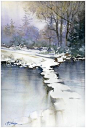 frozen pond by Thomas W. Schaller Watercolor ~ 24 inches x 18 inches