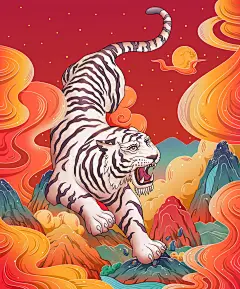 虎年插画 国潮白虎插画  虎啸风生