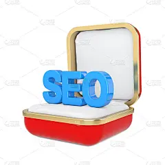 蓝色的搜索引擎优化标志字母在红色礼盒。3d渲染