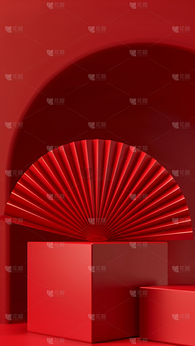 背景通用红色扇子几何空间感体块图片素材