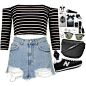 A fashion look from November 2015 featuring black stripe top, ripped short shorts and retro style shoes. Browse and shop related looks.