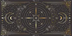 矢量天体背景与华丽的轮廓几何框架，星，月相，星，星点径向圆和新月。带有魔法符号的神秘金色线性旗帜。掩