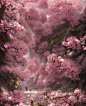 原画树木枫叶桃花风景场景