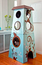 Catemporary Cat Castle: artistic cardboard tower, with a full color print, has multiple levels for climbing and perching.