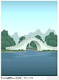 白色拱桥湖水大树插画素材