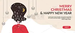 圣诞梦幻女人与雪头发登陆页面模板。“圣诞快乐，新年快乐”横幅。女性人物与心庆祝冬季圣诞假期。平面矢量