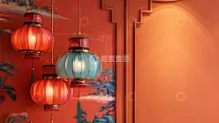 红色与蓝色传统中式灯笼装饰艺术壁纸高清模板免费下载-趣麦麦图