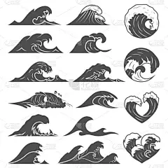 海浪矢量集。海风暴波浪隔绝了。波浪, 水元素设置。自然波浪水风暴线性样式例证