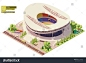 Vector isometric stadium building. Modern sports venue exterior. Soccer or football arena, people and transport on the street