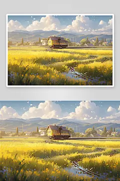 数字艺术田园手绘插画插图田野列车手装饰画-众图网