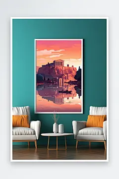 插画扁平风国外城市地标装饰画