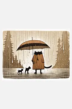 下雨天的猫和狗漫画AI数字艺术-众图网