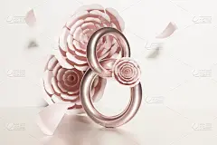3d渲染联锁环在一个形状的八与花和飞花瓣象牙背景