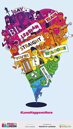 这些心形主题的海报，是纪念英格兰及威尔士地区同性恋部分合法化50周年，每一张都做得很不错
