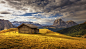 General 1600x911 nature photography landscape hut mountains dry grass fall forest clouds sunlight sunset Italy